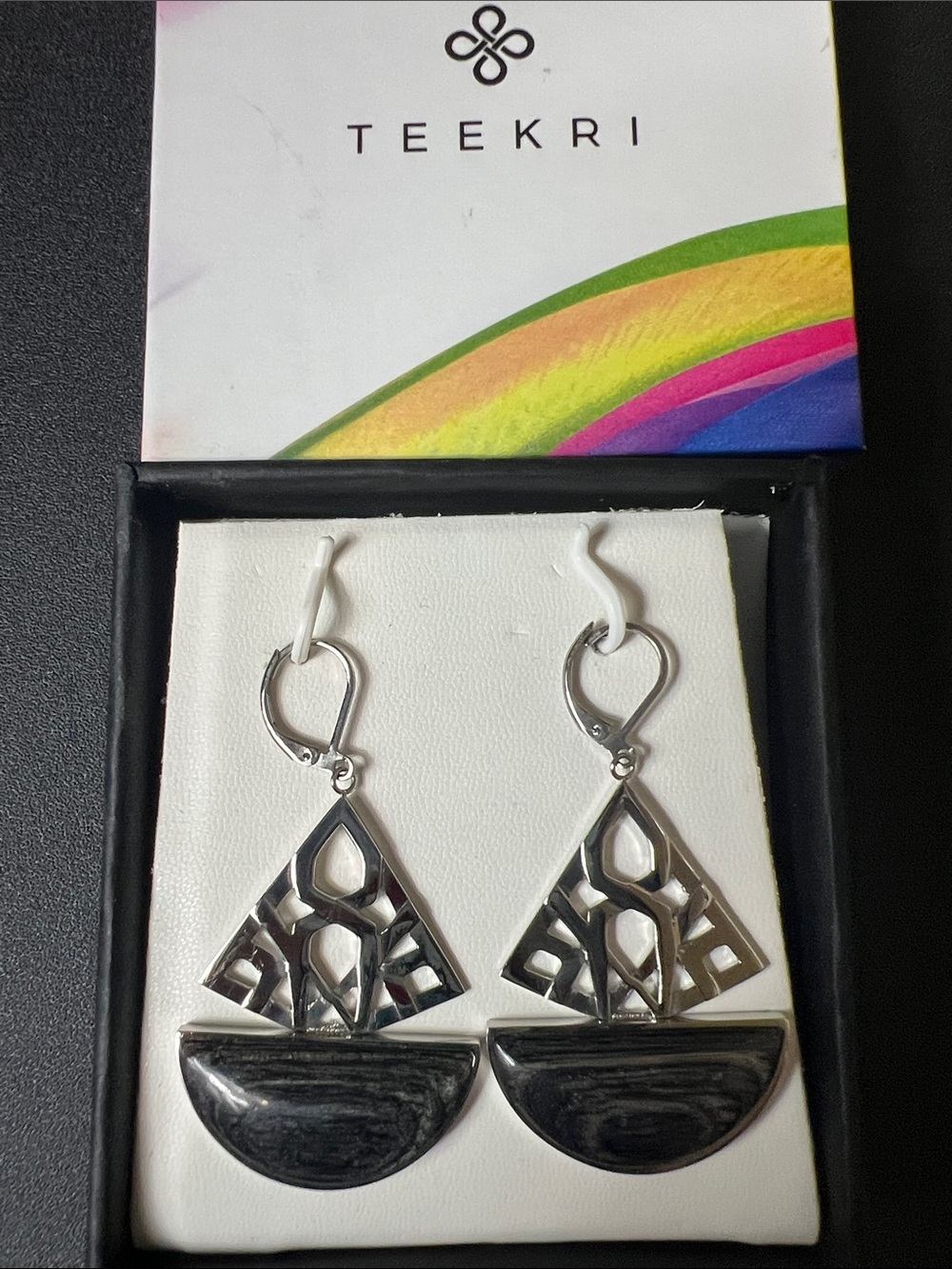 teekri Silver and Black Wood Geometric Drop Earrings